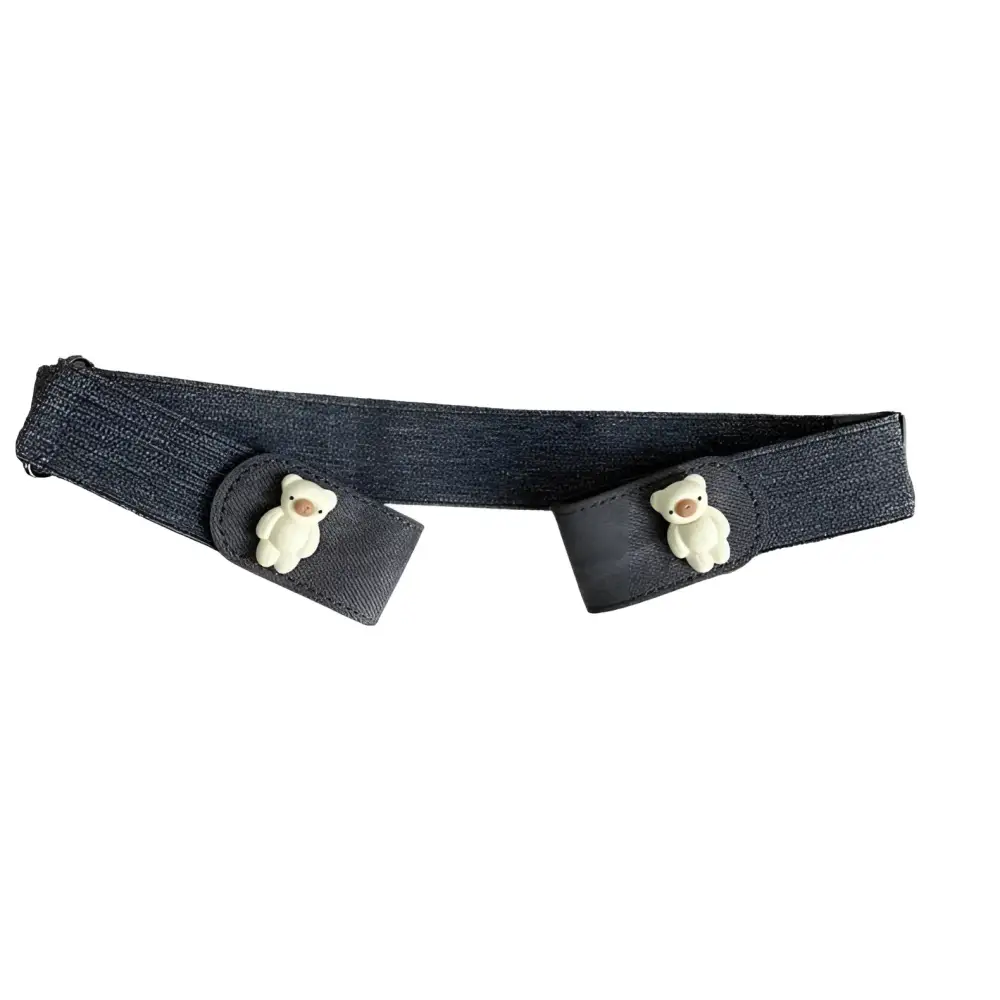 Blue denim skirt with teddy bear accents and cartoon button elastic waist detail