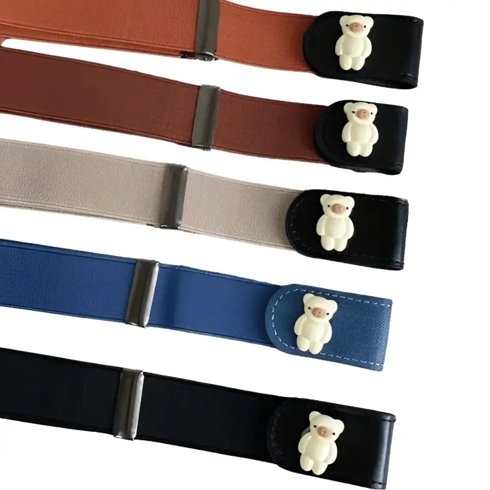 Colorful adjustable toddler belts with teddy bear accents and cartoon button elastic