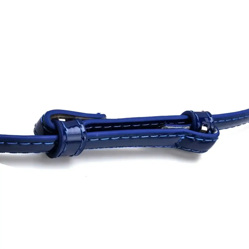 Blue patent leather belt buckle on Thuasca leather belt for elegant women’s fashion