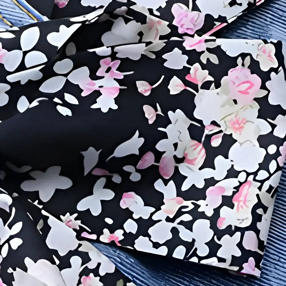 Floral patterned fabric displayed as scarf belt in Blue Jeans with Floral Scarf Belt and Floral Print Scarf