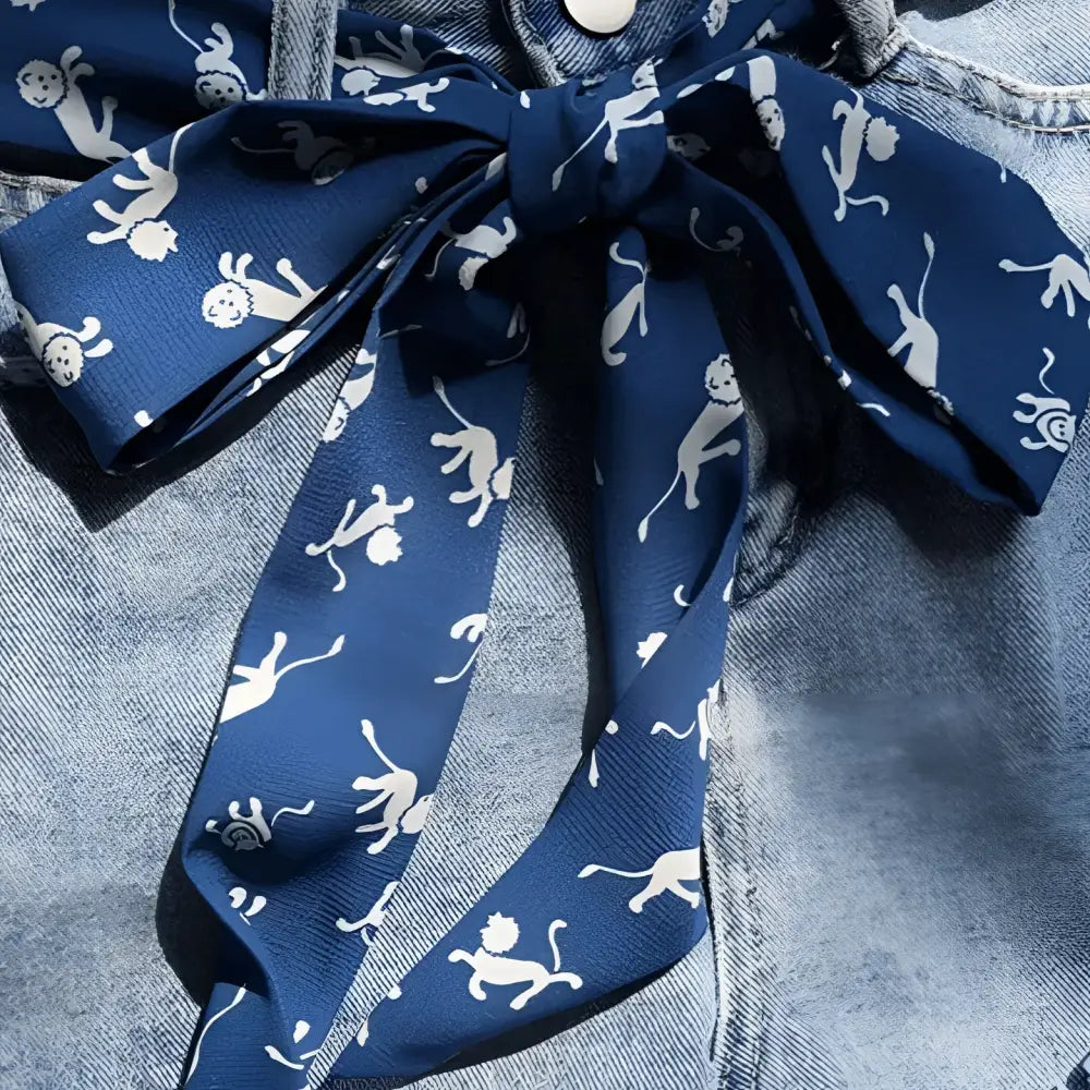 Blue monkey-patterned bow tie with Jehofa scarf belt displayed in product image