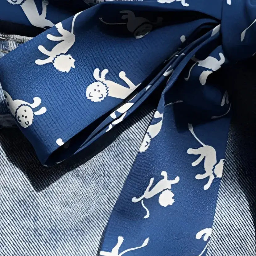 Blue monkey-patterned bow tie paired with Jehová Scarf Belt and denim shorts