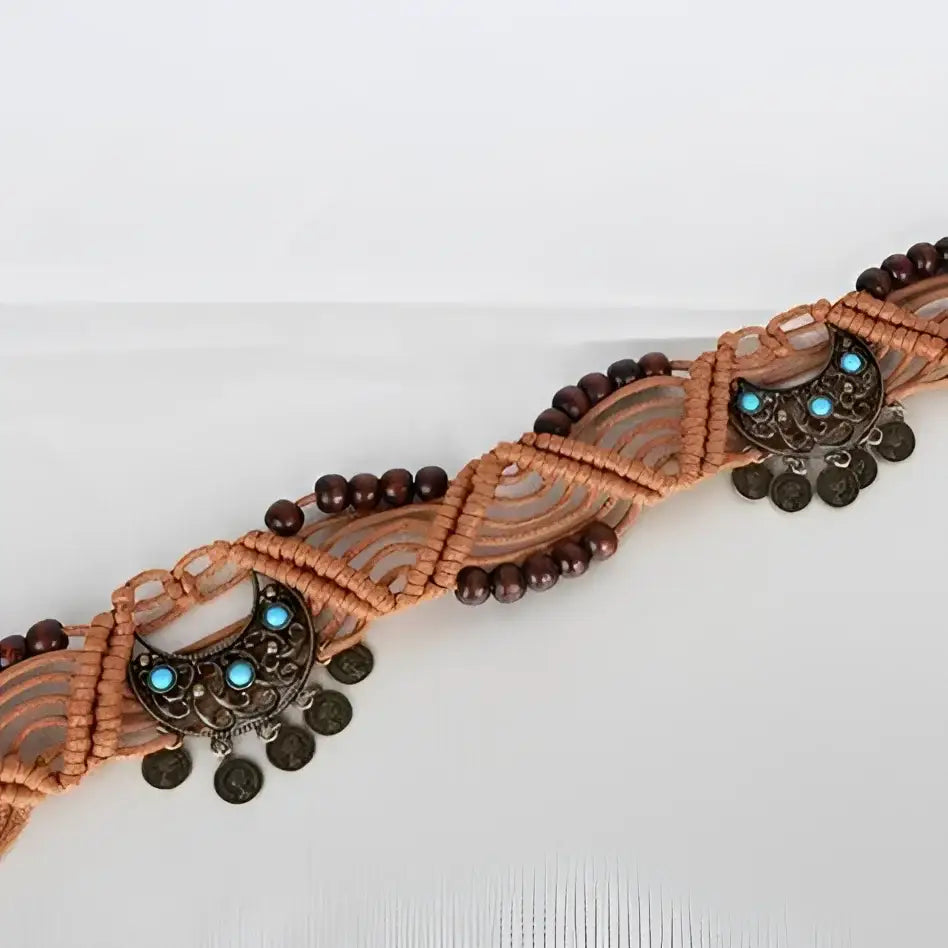 Bohemian Einina Belt with Wooden Beads and Turquoise Accents for Stylish Wear
