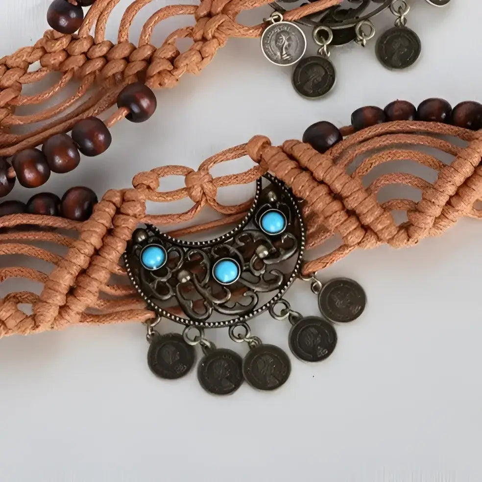 Macrame choker with turquoise and coin embellishments on Bohemian Einina Belt with wooden beads