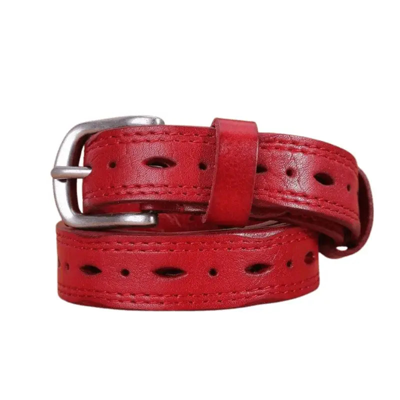 Red leather belt with silver buckle from Boho Chic Leather Belt Collection in boho chic style