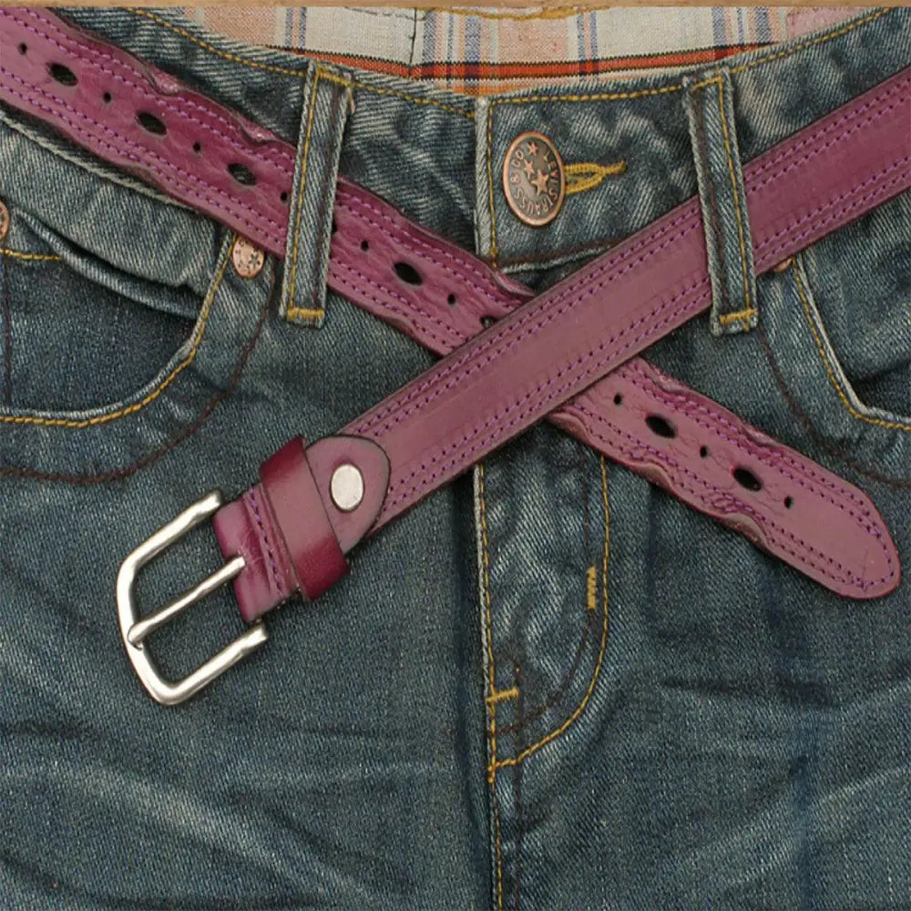 Blue jeans with a purple leather belt from the Boho Chic Leather Belt Collection in chic style