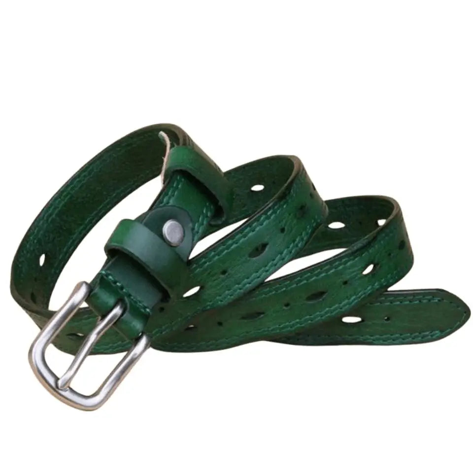 Green leather belt with silver buckle from Boho Chic Leather Belt Collection in boho chic style