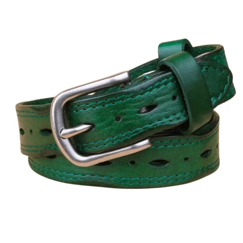 Green leather belt with silver buckle from Boho Chic Leather Belt Collection in chic style