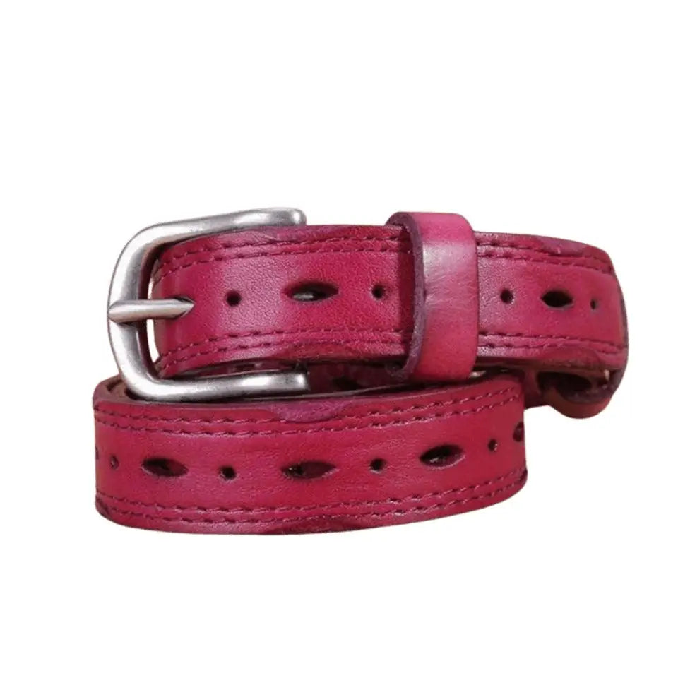 Magenta leather belt with silver buckle from the Boho Chic Leather Belt Collection, perfect for boho chic style