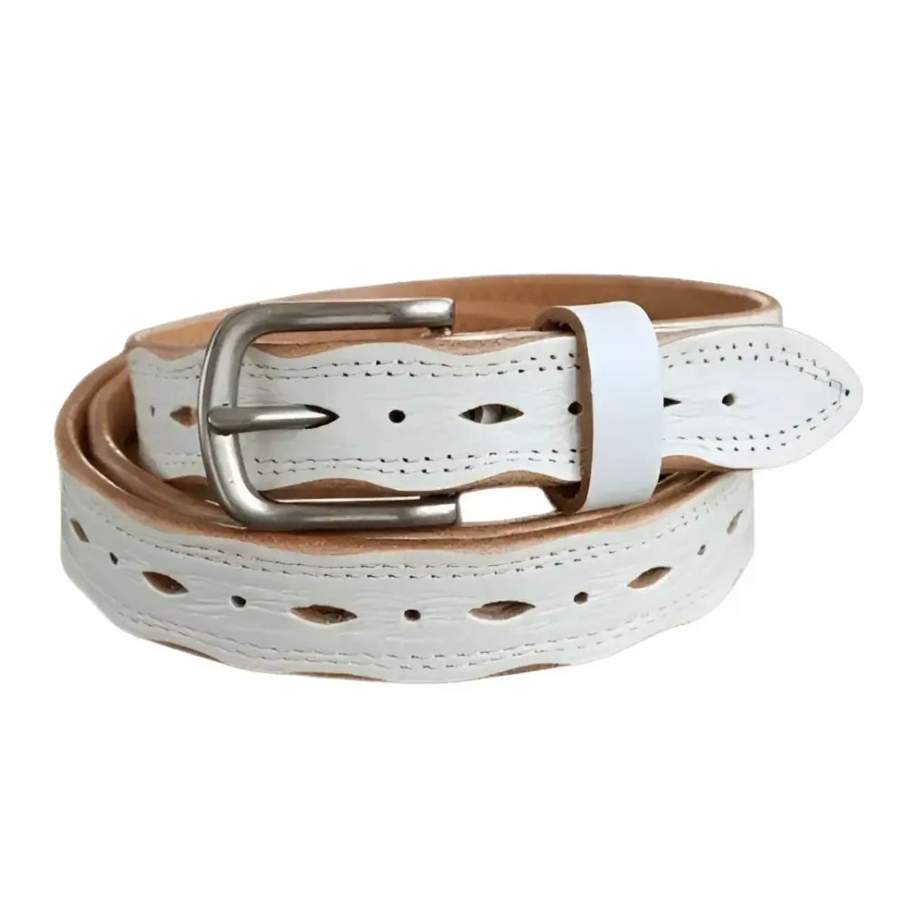 White leather belt with silver buckle from Boho Chic Leather Belt Collection