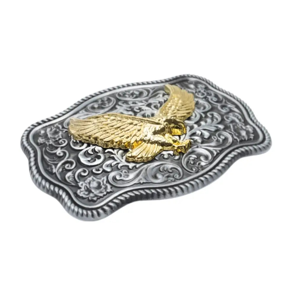 Ornate golden eagle belt buckle with silver and gold detailing for Western fashion