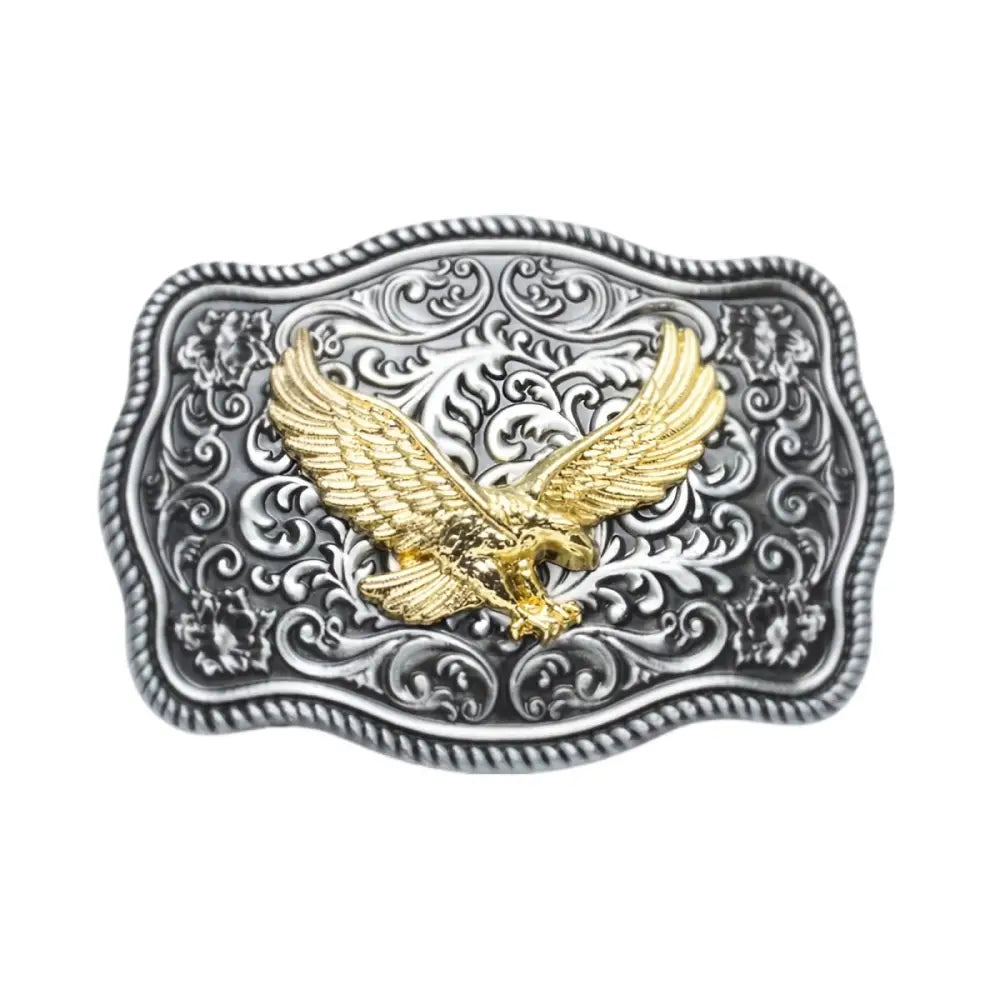 Elegant ornate silver and gold belt buckle featuring a majestic golden eagle design