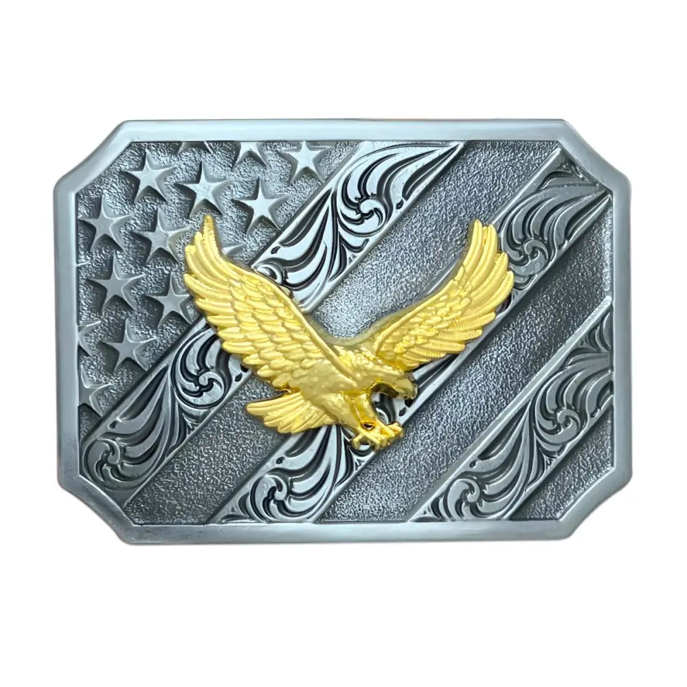 American flag belt buckle with golden eagle and engraved design for patriotic style