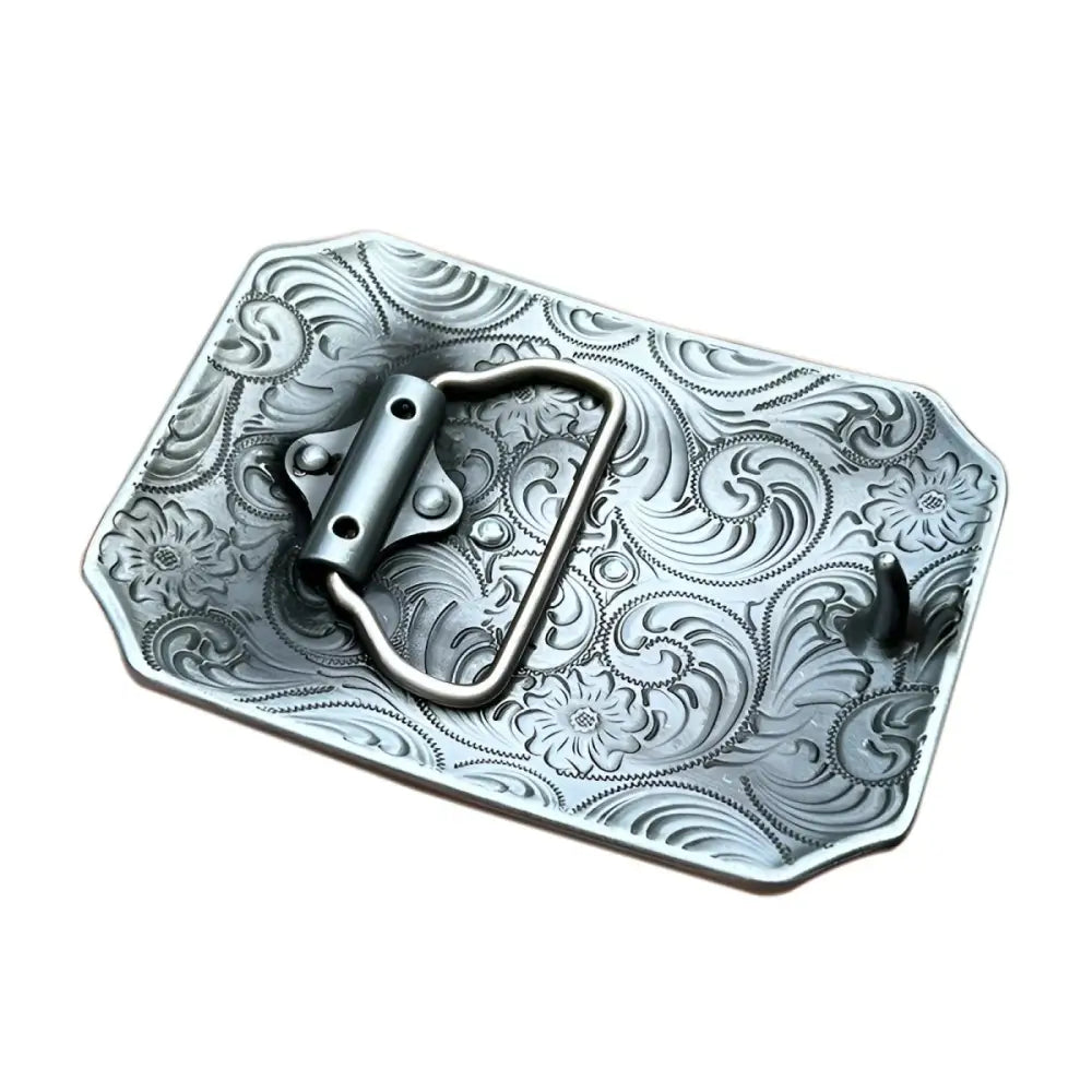Ornate silver belt buckle from Golden Eagle American Flag Belt Buckle with Engraved Design