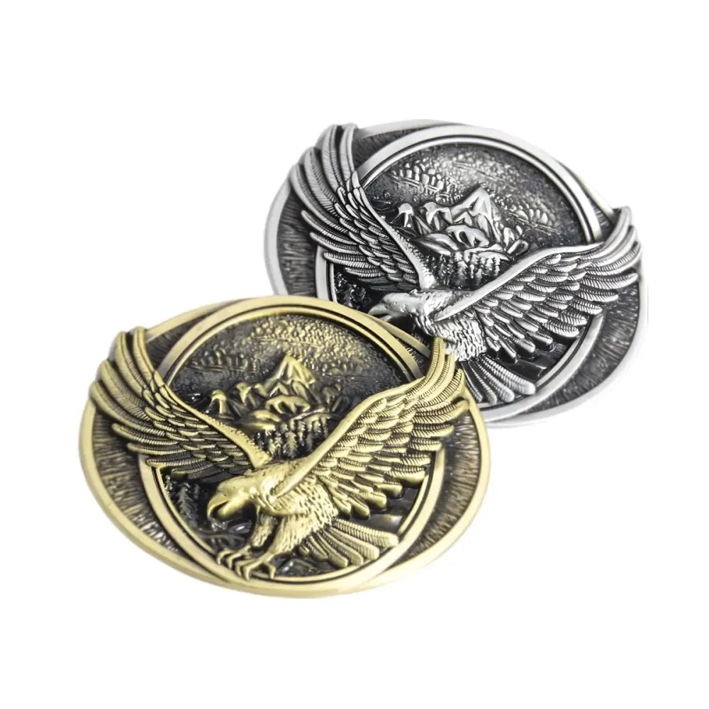Eagle-themed belt buckles in silver and gold colors displayed for stylish accessories