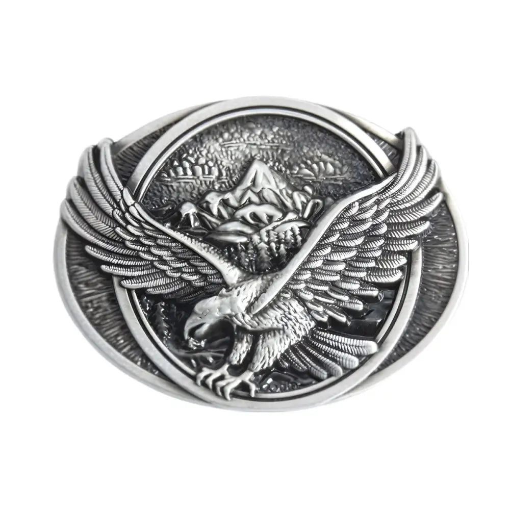 Silver eagle belt buckle displayed on a product page showcasing Eagle-Themed Belt Buckles