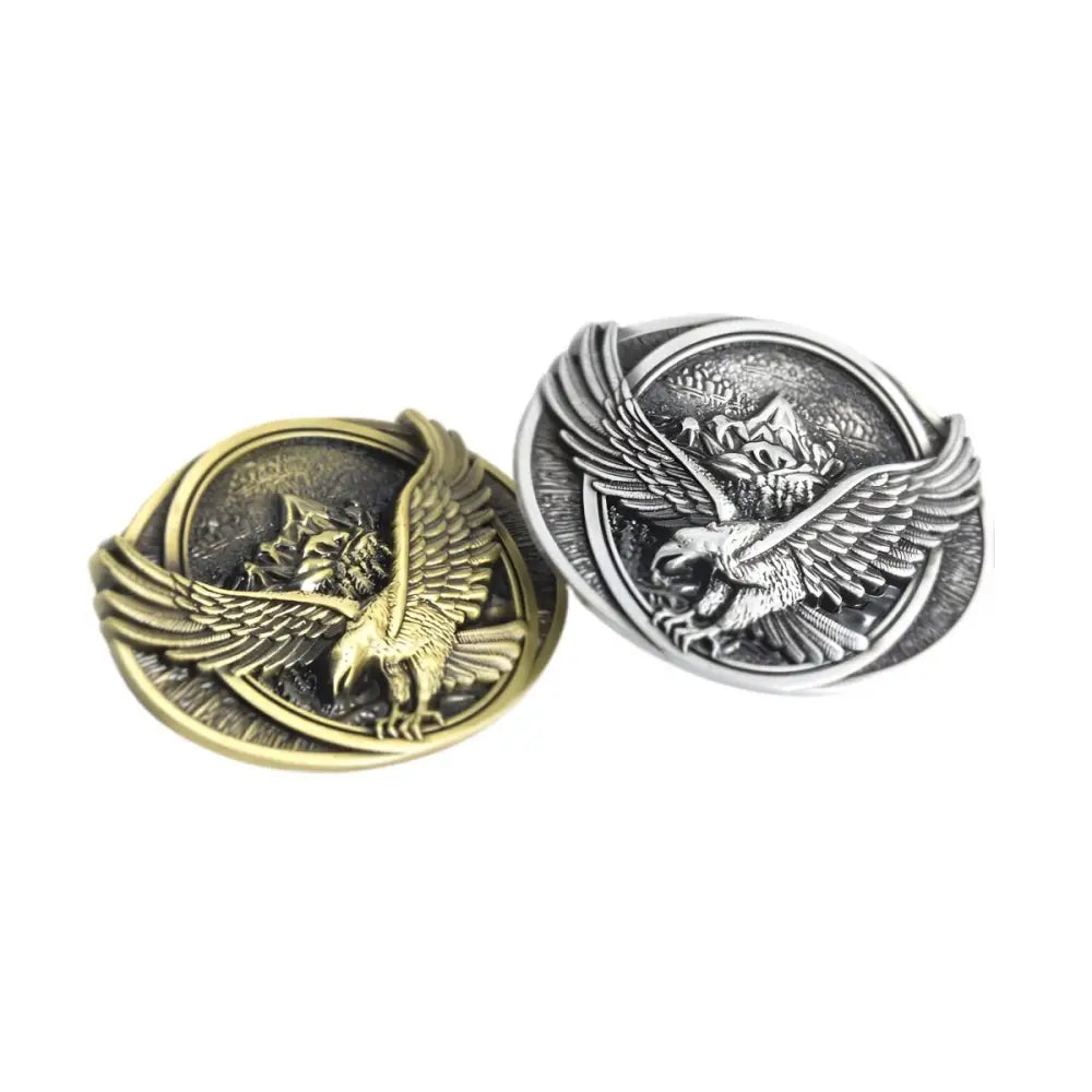 Eagle-themed belt buckle in silver and gold colors, suitable for stylish accessories
