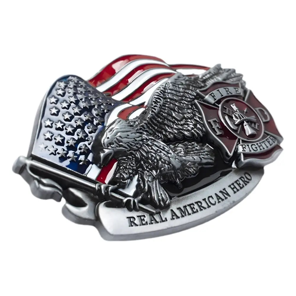 Firefighter-themed belt buckle featuring American flag and eagle on Parker Model