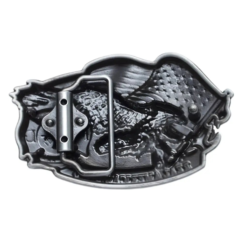Metal belt buckle featuring American Flag and Eagle on Firefighter Belt Buckle Parker Model
