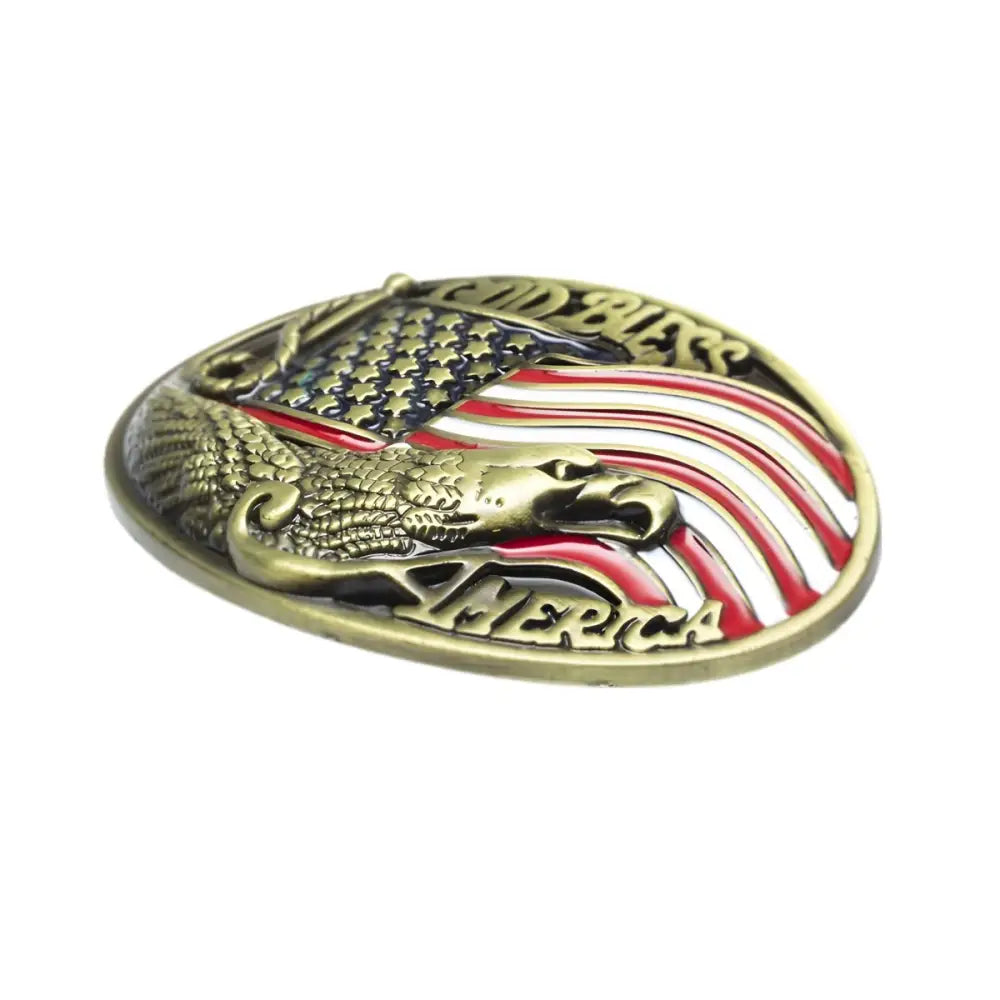 God Bless America oval belt buckle with eagle and flag design for patriotic accessories