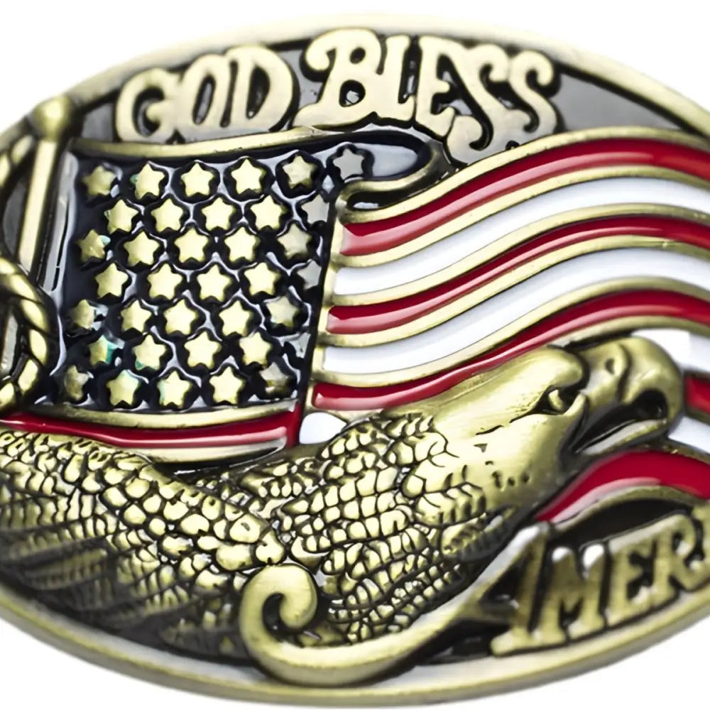 Patriotic belt buckle featuring eagle and American flag design with god bless inscription