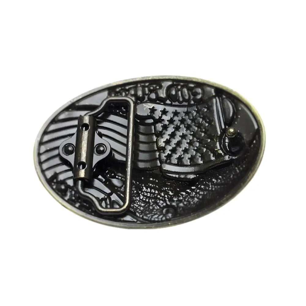 Oval belt buckle back featuring intricate design on the God Bless America belt buckle with eagle and flag pattern