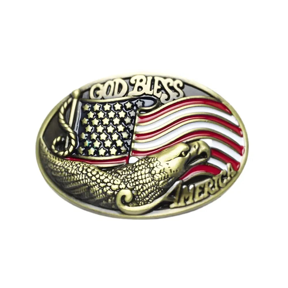 God Bless America oval belt buckle with eagle and flag design for patriotic accessories
