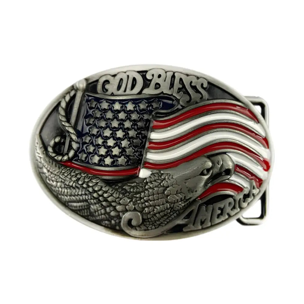 God Bless America oval belt buckle with eagle, flag design and alligator leather