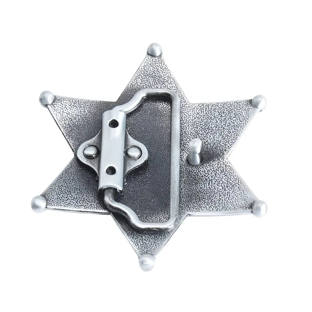 Silver Metallic Sheriff Star Badge depicting a silver sheriff star belt buckle
