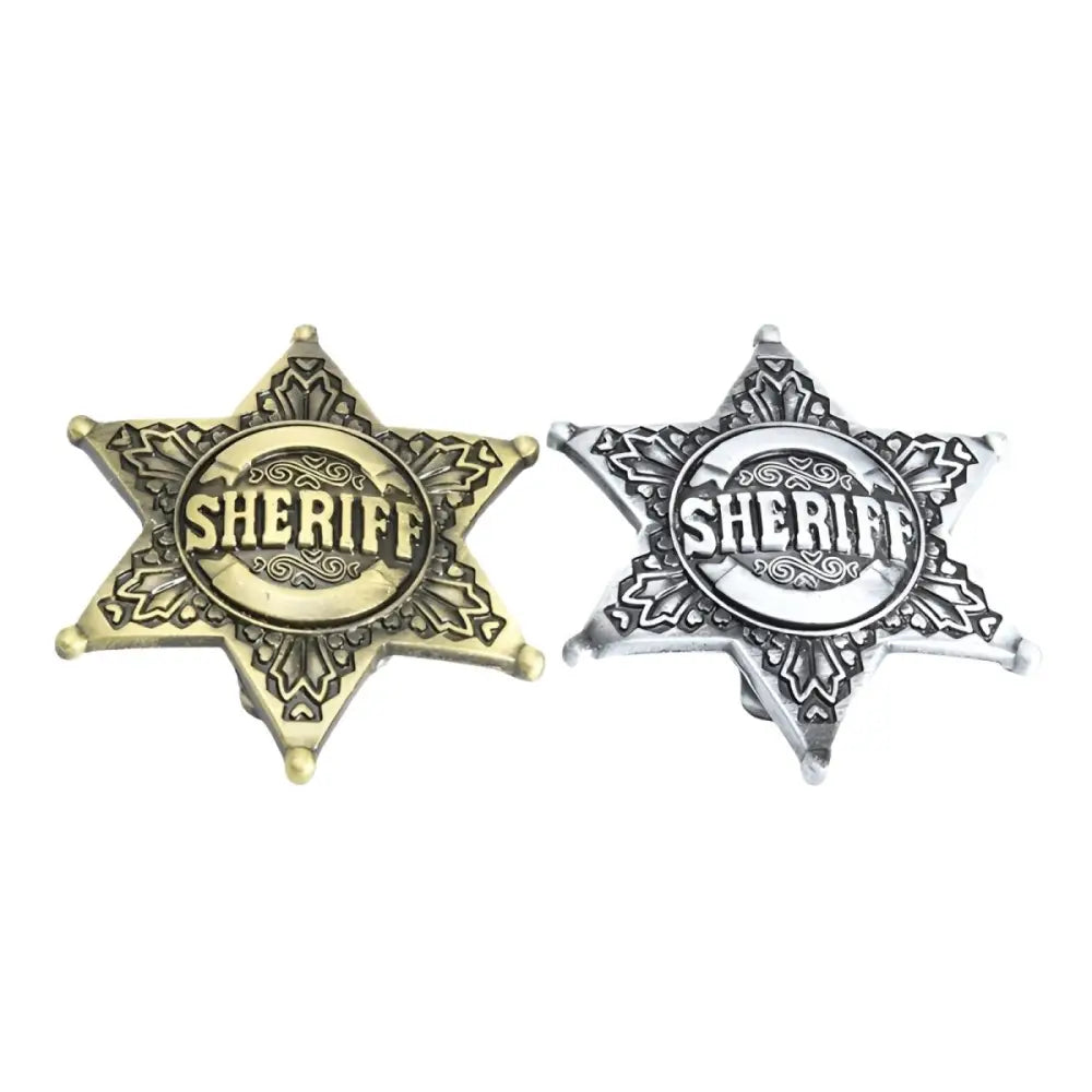 Silver metallic sheriff star badges displayed for a law enforcement costume accessory