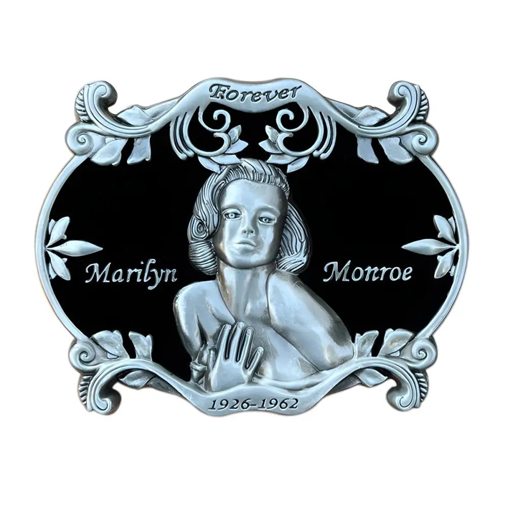 Silver Marilyn Monroe relief belt buckle celebrating Monroe’s enduring style