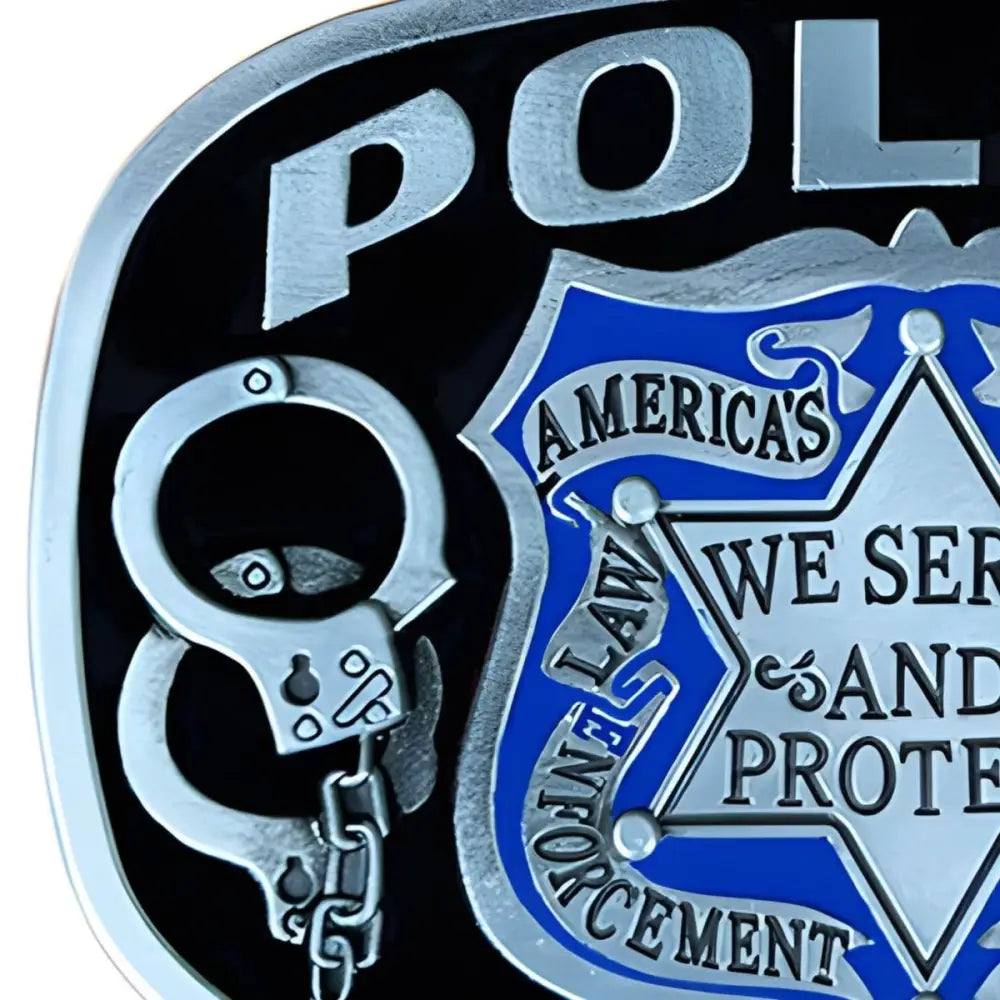 Blue and Silver Law Enforcement Belt Buckle featuring Police Badge and Handcuffs for Officers