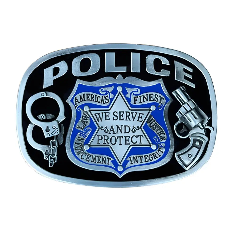 Blue and Silver Law Enforcement Belt Buckle for Officers, featuring a police belt buckle design