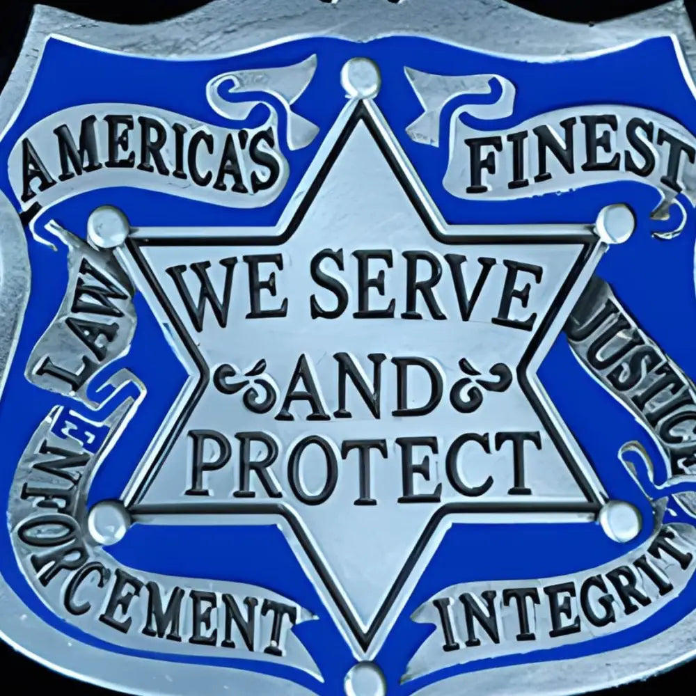 Blue and silver law enforcement badge belt buckle for officers, authentic law enforcement accessory