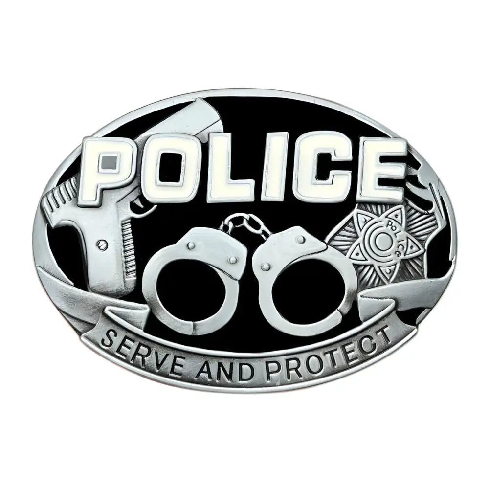 Law enforcement belt buckle with badge gun and handcuffs design product image