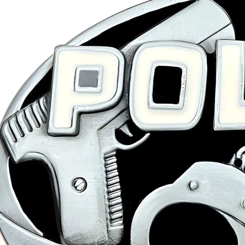Law enforcement belt buckle featuring badge, gun, and handcuffs design for authority