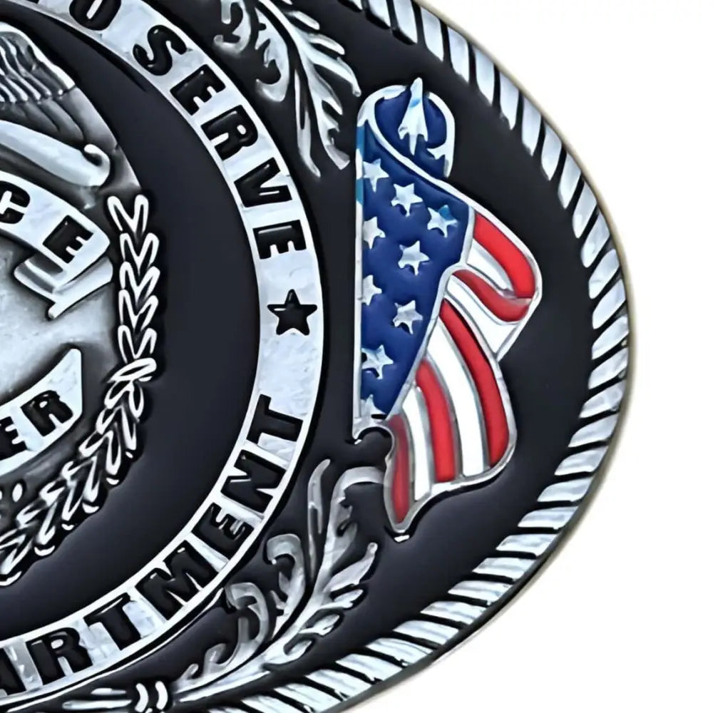Detailed silver police officer belt buckle emblem for law enforcement professionals