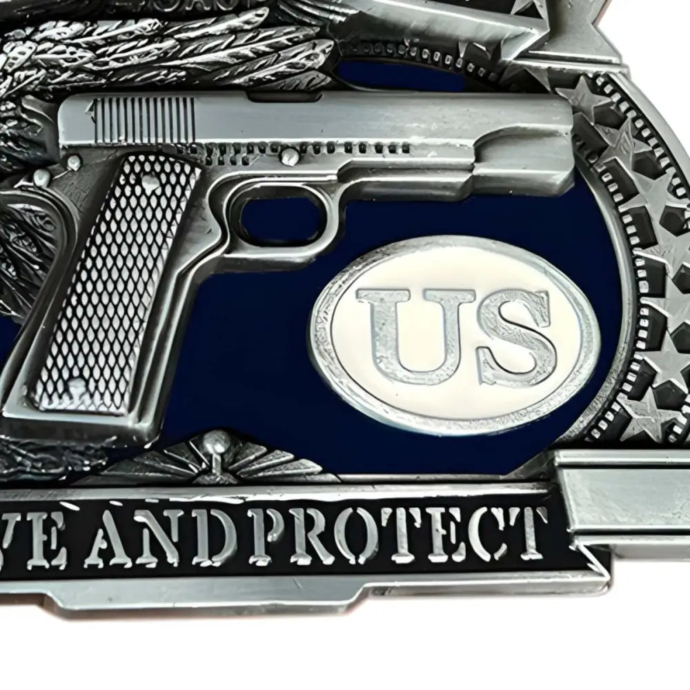 Silver gun emblem with US insignia on Trey Model American Belt Buckle for durable style