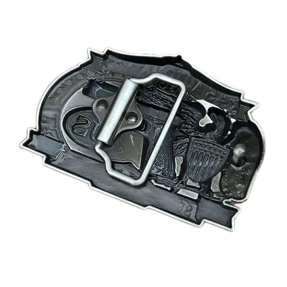Metal belt buckle featuring Silver Eagle and Pistol design for American belt style