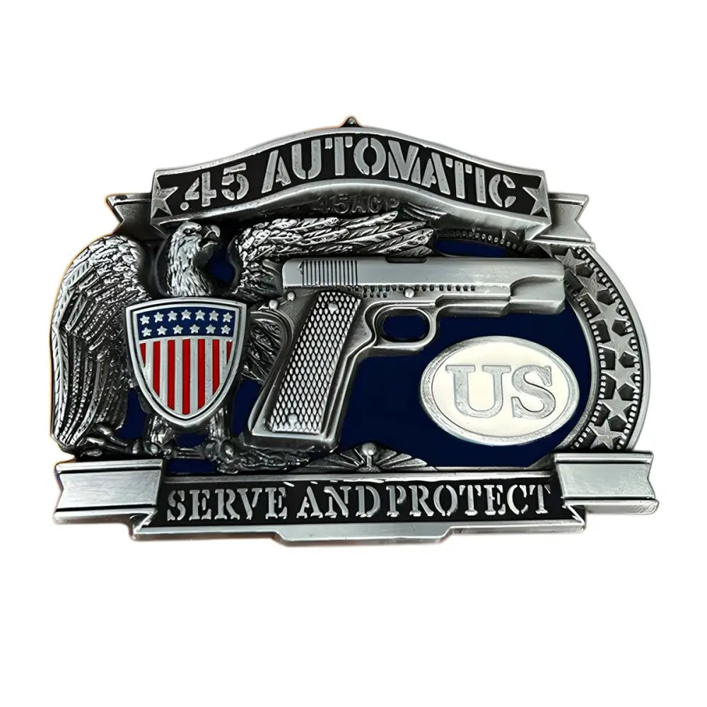 Silver-colored American belt buckle with eagle and pistol design for durable style