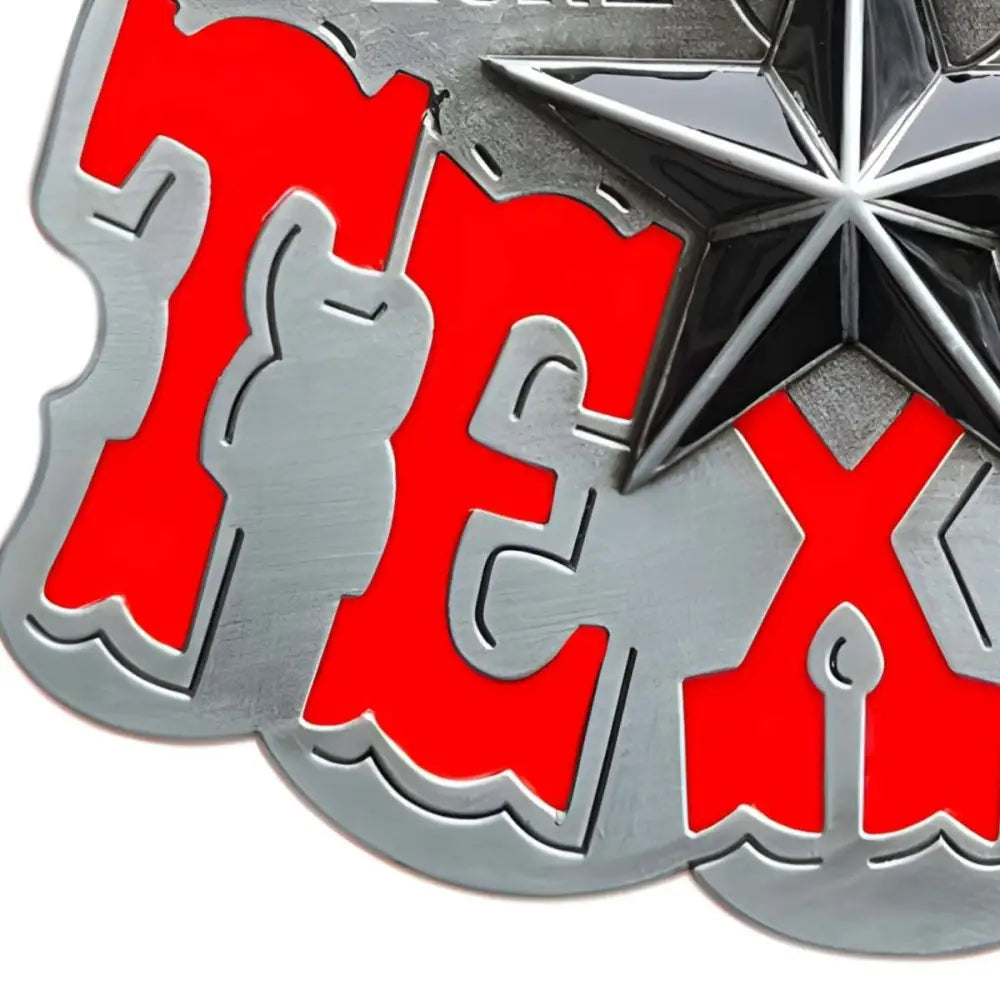 Red and silver Texas star emblem on Lucian Model Silver Belt Buckle with Star and Horns