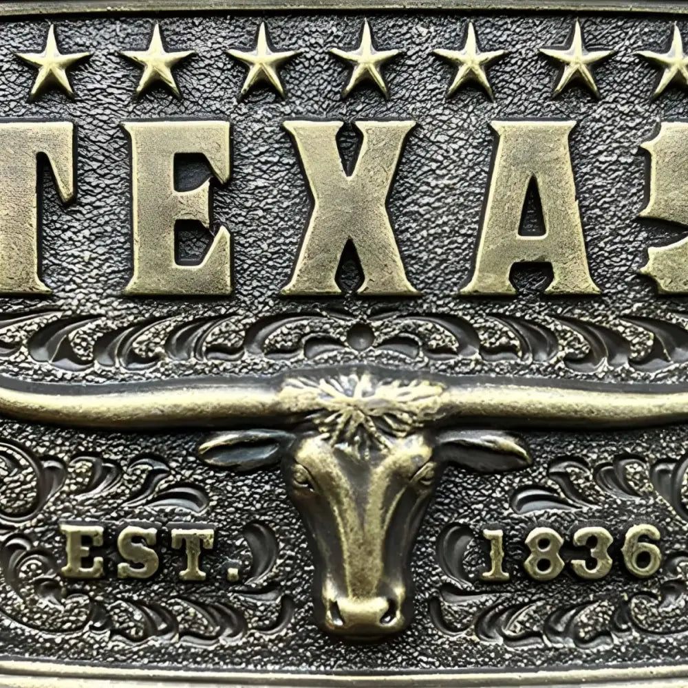 Texas Longhorn belt buckle in silver and bronze, ideal for Western apparel enthusiasts