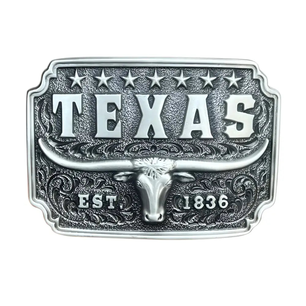 Silver Texas belt buckle from Texas Longhorn Belt Buckles in silver and bronze colors