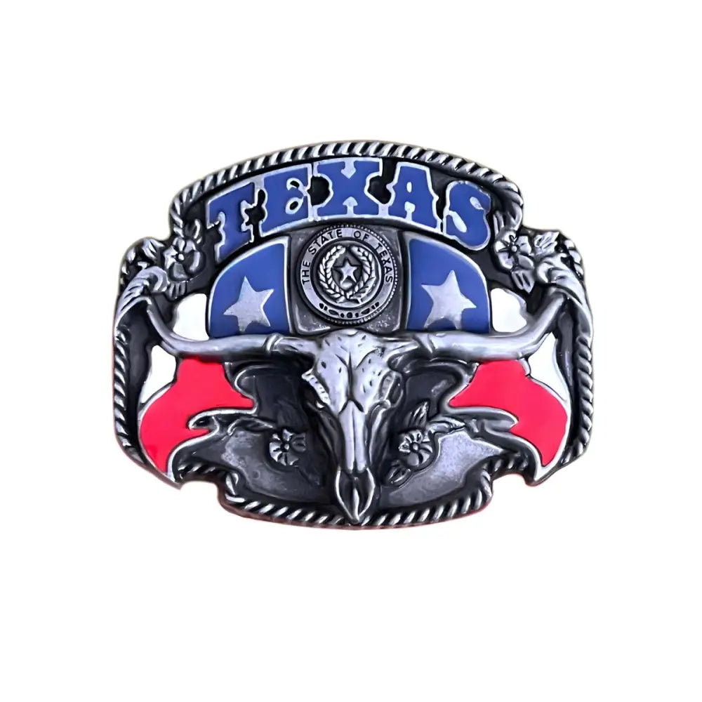 Texas-themed belt buckle with steer skull and Lone Star design for Lone Star State fans