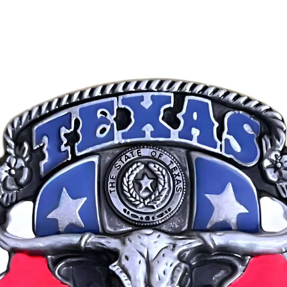 Texas-themed belt buckle featuring a Lone Star and Steer Skull design for Lone Star State fans