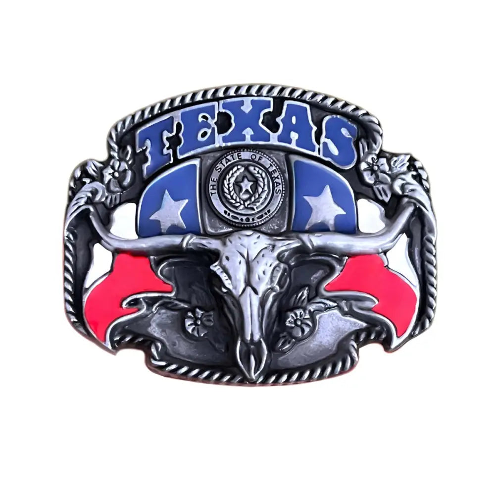 Texas-themed Lone Star belt buckle featuring steer skull design for Star State style