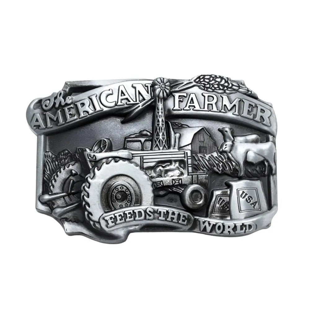 Silver-toned American Farmer belt buckle featuring a farming scene with tractor design