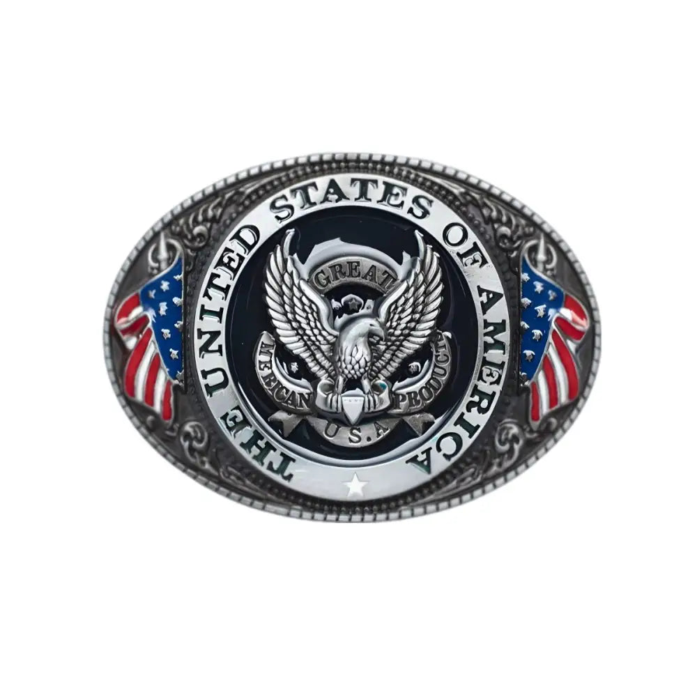 United States belt buckle with eagle and American flag design for patriotic style