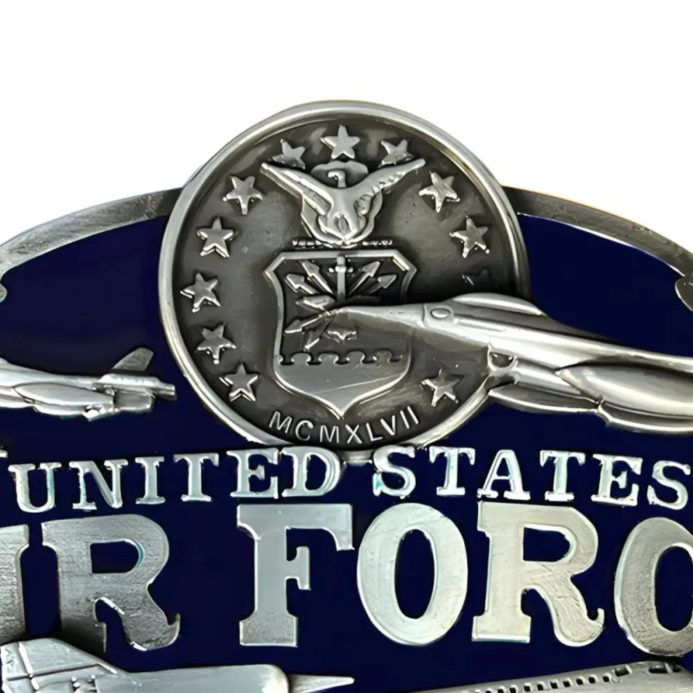 United States Air Force belt buckle featuring emblem and metal back for military apparel