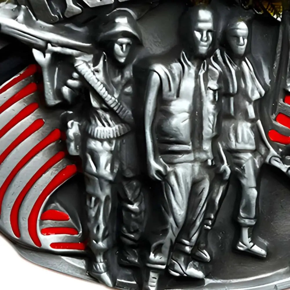 Vietnam veteran belt buckle featuring silver-toned military figures with red stripes